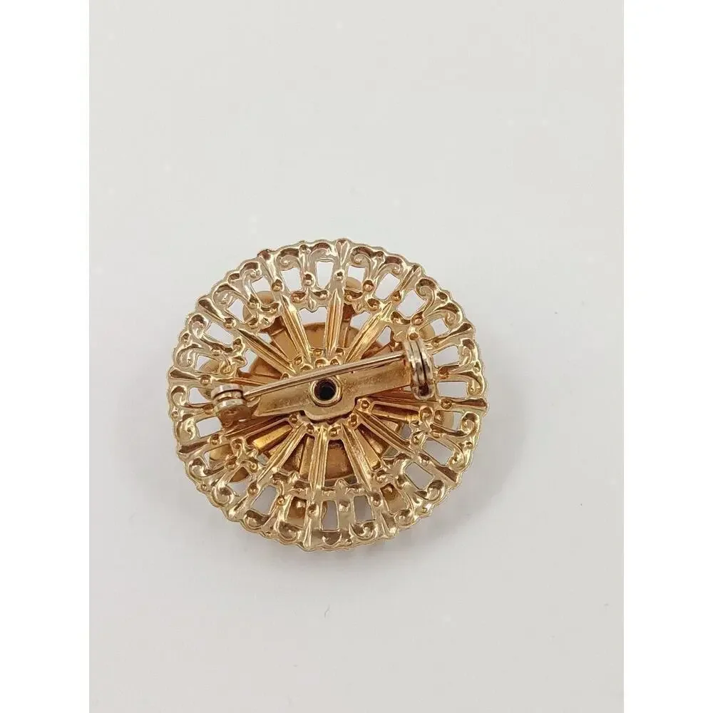 Vintage Flower‎ Brooch Pin Black Gold-Tone Rhinestone Victorian